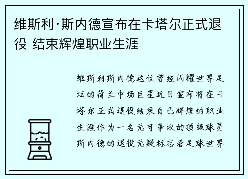 维斯利·斯内德宣布在卡塔尔正式退役 结束辉煌职业生涯 维斯利·斯内德宣布在卡塔尔正式退役 结束辉煌职业生涯