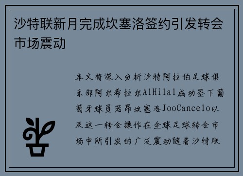 沙特联新月完成坎塞洛签约引发转会市场震动 沙特联新月完成坎塞洛签约引发转会市场震动